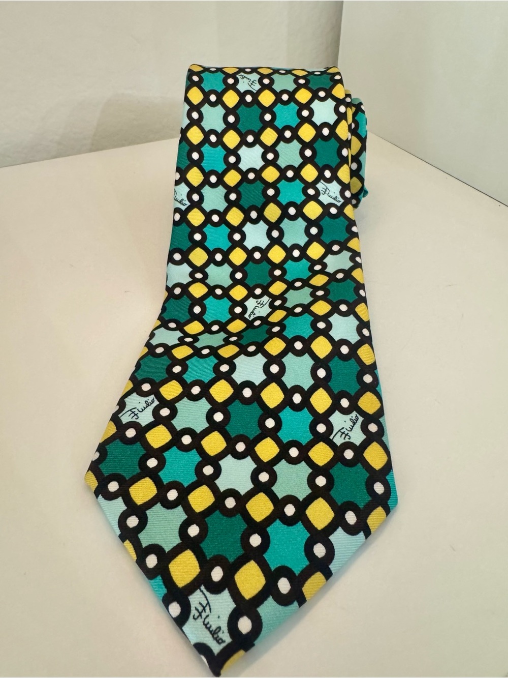 Emilio Pucci Silk Tie Turquoise Yellow Geometric Made Italy